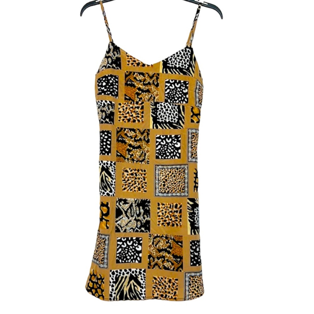 ⭐️ Shein Animal print squares adjustable slinky spaghetti string mini dress S